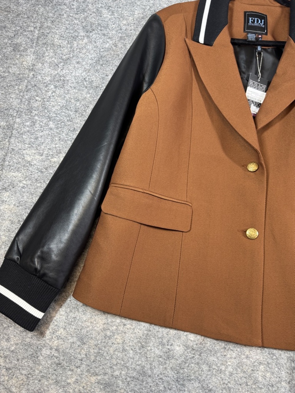 FDJ Brown Wool Blend Varsity Jacket Black Faux Leather Sleeves Preppy Chic XL - Picture 6 of 16